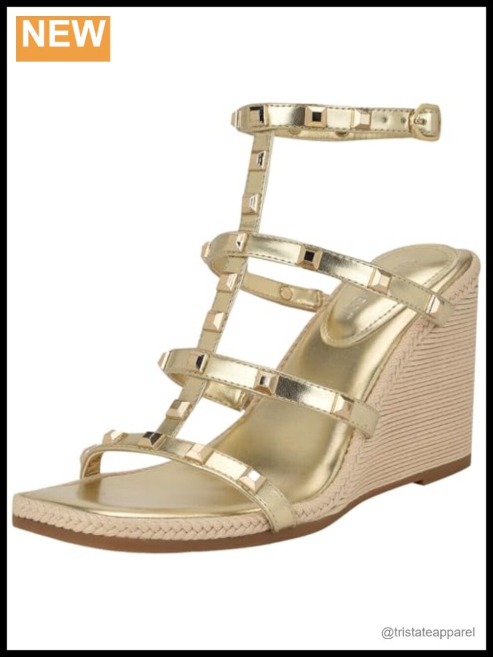 Nine West Sardis Faux Leather Wedge Sandal Square Toe Ankle Strap 3.58" Heel